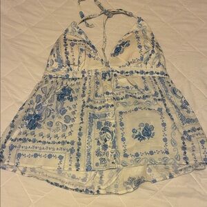 Hollister Blue and White Halter Floral Top